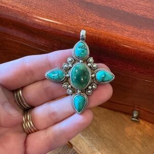 Vintage Sterling Silver and Turquoise Pendant with Floral, Bead & Rope Detailing
